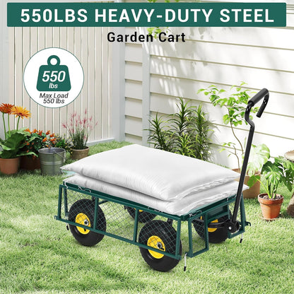 Heavy-Duty Steel Garden Cart, 550 Lb Yard Dump Metal Cart with 4-Side Removable Mesh and All Terrain 10" Tires, Flatbed Convertible Yard Wagon, Green