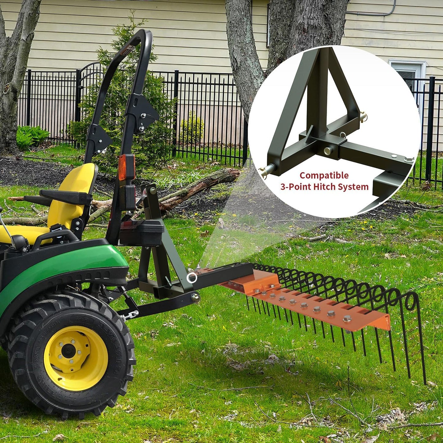 5FT Durable Pine Straw Rake Steel Spring Landscape Rake Fits 2" Receiver for Lawn Tractors or ATV/UTV Orange