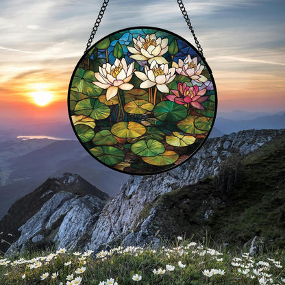 Stained Glass Window Hanging - Water Lily Birth Flower Suncatcher for Door Garden Retro Floral Sun Catchers Decor Christmas Mother's Day Birthday Gifts for Women Mom Nana Friend Wife 7.8 in