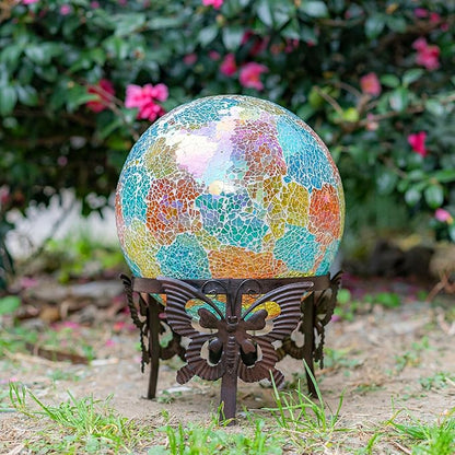 Wrought Iron Gazing Ball Stand for 10 or 12 Inch Gazing Balls – Low-Profile Garden Orb Holder, Outdoor Decorative Display for Yard, Patio, and Lawn Decor，Butterfly