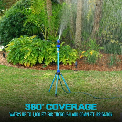 Aqua Joe AJ-6PSTB-MAX HD Sprinkler & Mister W/Metal Tripod Base, 6 Patterns, 4100 Sq. Ft. Coverage, Blue