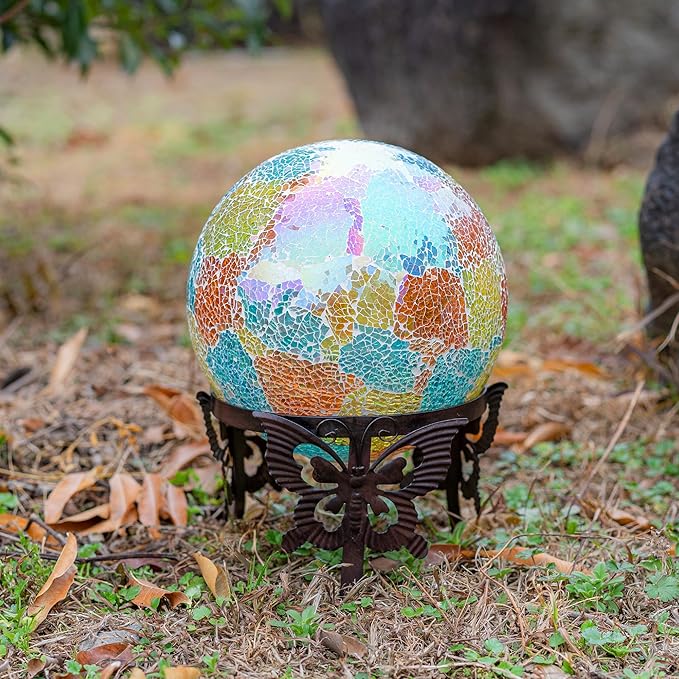 Wrought Iron Gazing Ball Stand for 10 or 12 Inch Gazing Balls – Low-Profile Garden Orb Holder, Outdoor Decorative Display for Yard, Patio, and Lawn Decor，Butterfly