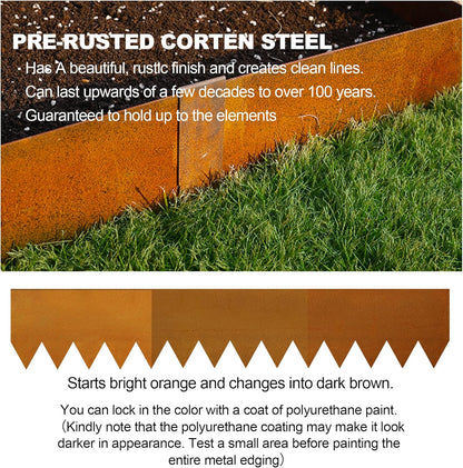 KOL Corten Steel Pre-Rusted Garden Lawn Edging - 6-Pack Bendable Metal Landscape Edging Strips - Heavy Duty Hammer-in Cor-Ten Rust Border with 7 Clips - 14-Gauge - 40" L x 8" H (20FT Total Length)