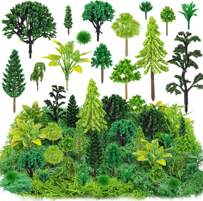 36 Pcs Green Mixed Model Trees with 40g Moss, Diorama Trees Grass Mini Fake Miniature Trees Moss for Building Model, Model Train Scenery, Natural Green Landscape, Railroad Scenery