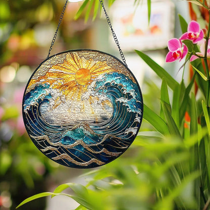 Ocean Wave Sunset Suncatcher Stained Glass Window Hanging - 10" Hand-Painted Sun Catcher Garden Hanging Decoration with Metal Chain Outdoor Garden Decor Gift for Women