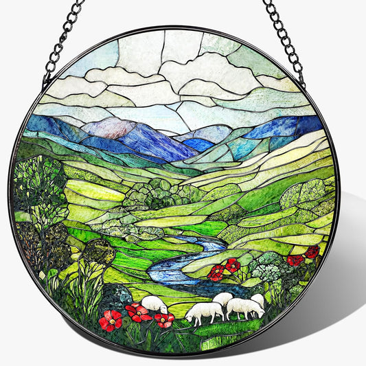 Stained Glass Window Hanging, Pauyadu 8 Inch Green Irish Hills Stained Glass Suncatcher, Window