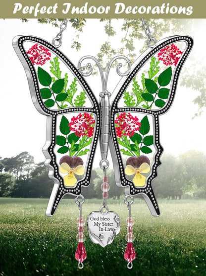 KY&BOSAM Gifts for Sister God Bless My Sister in-Law Butterfly Suncatcher Stained Glass Suncatchers for Window with Real Dried and Pressed Flowers Heart Charm Mother`s Day Birthday