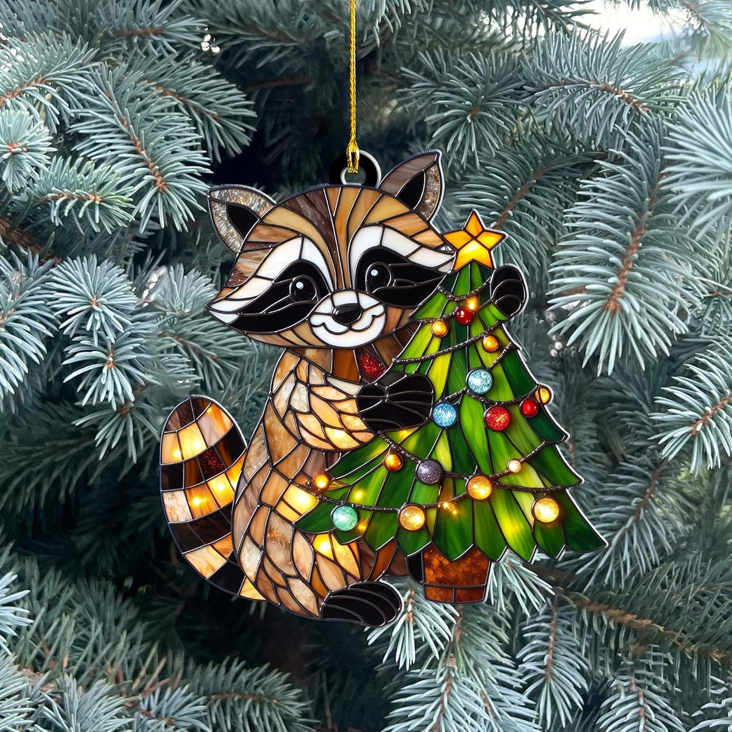 Raccoon Christmas Ornament – Acrylic Suncatcher Hanging Decor, Cute Raccoon Gifts for Men Women, Animal Xmas Ornaments, Rustic Woodland Xmas Decoration, Raccoon Lovers(Sun-25)
