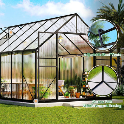 Amerlife 8x11.5x7 FT Polycarbonate Greenhouse for Outdoors, Walk-in Design with Aluminum Frame, 2 Windows and Swing Door, Heavy-Duty Greenhouse Construction for Garden, Black