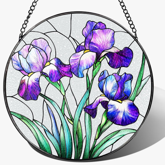 Stained Glass Window Hanging, 8 Inch Purple Irises Stained Glass Suncatcher, Flower Sun Catchers