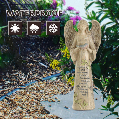 DUSVALLY Angel Statue, Memory Guardian Garden Decor, 10" H Waterproof Outdoor Angel Figurine Sculpture for Lawn & Yard (Praying, Holding The Bird)