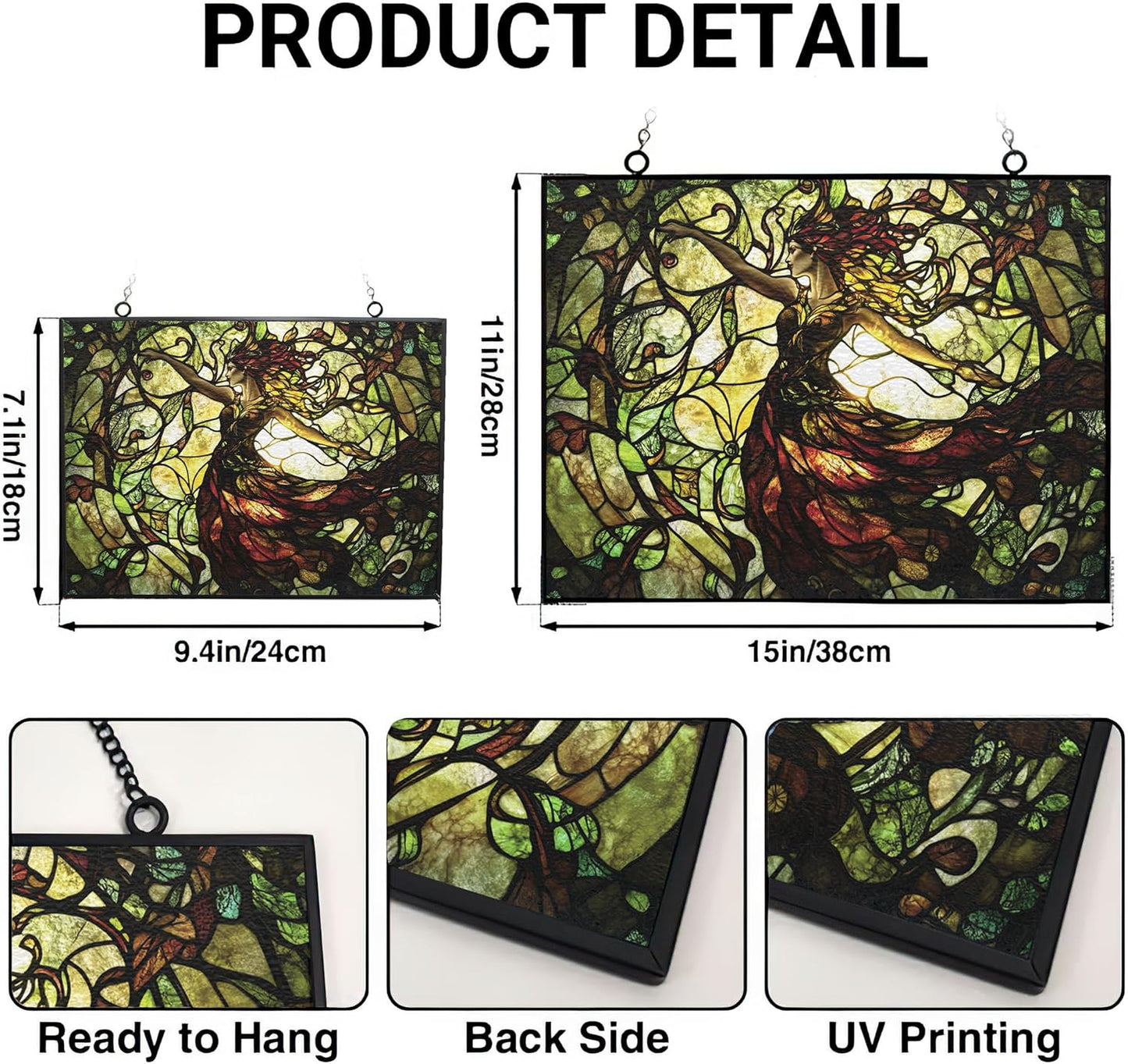 Customized Rectangle Art Nouveau Vine Dryad Stained Glass Suncatcher Window Hangings, Suncatchers Glass Panel Sun Catchers Gifts Home Decor Garden Christmas Halloween Wedding