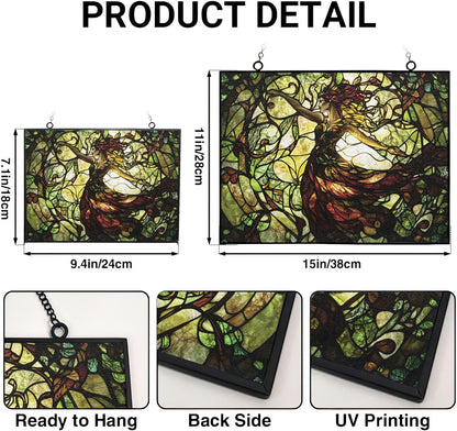 Customized Rectangle Art Nouveau Vine Dryad Stained Glass Suncatcher Window Hangings, Suncatchers Glass Panel Sun Catchers Gifts Home Decor Garden Christmas Halloween Wedding