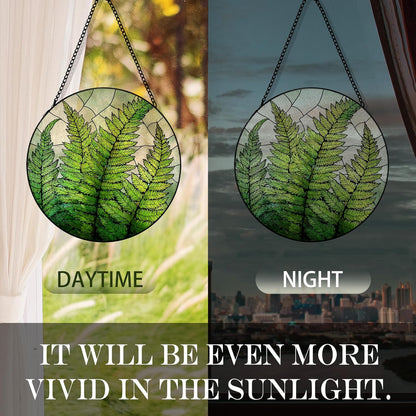 Fern Plant Suncatcher Stained Glass Window Hanging, Plant Lovers Gifts Sun Catchers Indoor Window Glass Round Wall Decor, Fern Plant Botanical Wall Art Hanging Decorations, ＂7.8x7.8＂