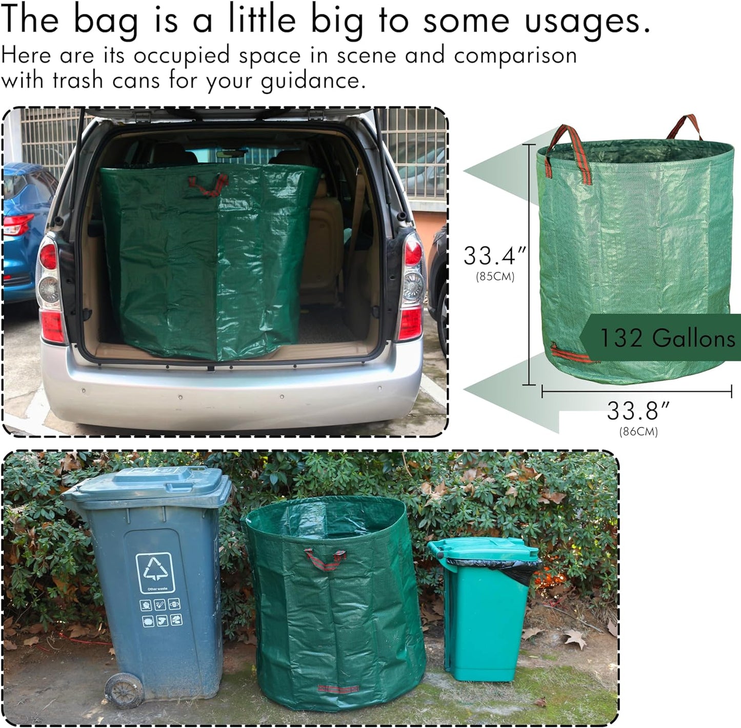 Gardzen 2-Pack 132 Gallon Yard Waste Bags, Reusable Heavy Duty Collapsible Garden Leaf Bags with Plastic Ring, Stand-Up Yard Waste Bin for Leaves, Lawn Debris & Grass Clippings