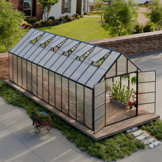 10'x10'x28' Snap-Together Greenhouse - Easy 3-Way Connectors, Heavy-Duty Aluminum Frame, Wind/Snow Resistant for Gardening/Urban Farming, Includes Sliding Door & Ventilation Windows