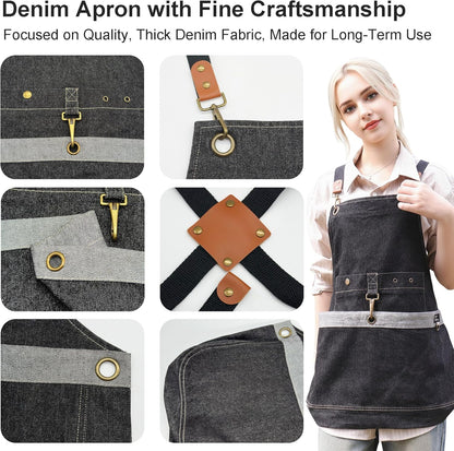 Gardening Apron – Denim Cross Back Garden & Harvest Apron with Adjustable Straps and Large Pockets for Women & Men