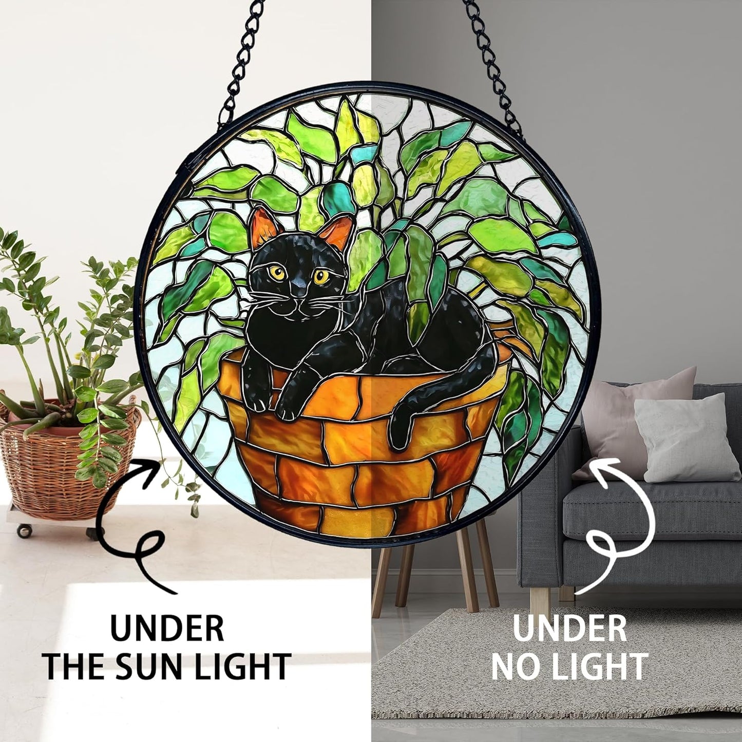 TNUW Black Cat Plant Stained Glass Window Hanging, Black Cat Botanical Sun Catchers Indoor Window Glass Round Wall Art Decor, Wall Hanging Decorations, 7.9＂x7.9＂