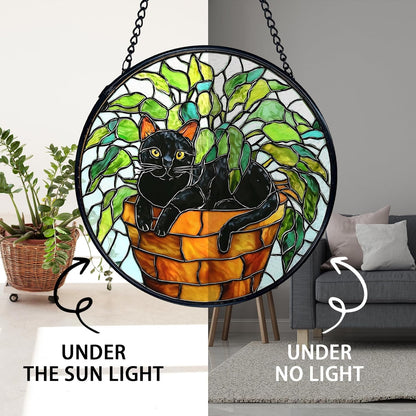 TNUW Black Cat Plant Stained Glass Window Hanging, Black Cat Botanical Sun Catchers Indoor Window Glass Round Wall Art Decor, Wall Hanging Decorations, 7.9＂x7.9＂