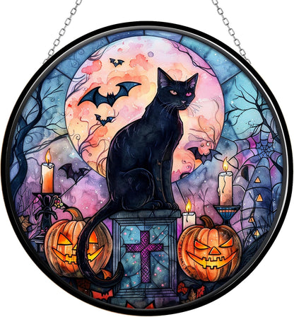 Bat Black Cat Suncatcher Indoor/Outdoor Stained Glass Window Hanging Handmade Stained Glass Suncatchers Decoration for Home Garden Christmas Party Wedding Housewarming Gifts