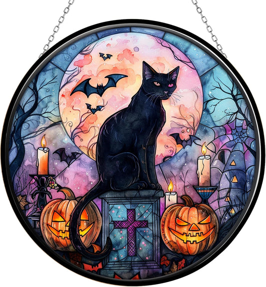 Bat Black Cat Suncatcher Indoor/Outdoor Stained Glass Window Hanging Handmade Stained Glass Suncatchers Decoration for Home Garden Christmas Party Wedding Housewarming Gifts