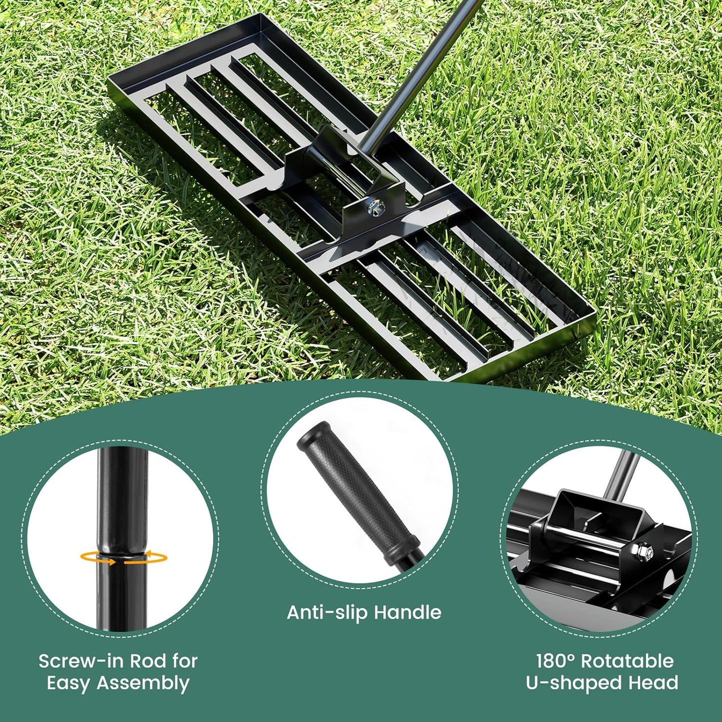 Goplus Lawn Leveling Rake, 30" x 10" Heavy Duty Level Lawn Tool w/ Ergonomic Handle for Soil, Effort-Saving Landscape Rake for Garden, Backyard, Golf Course, Farm, Pasture, Black