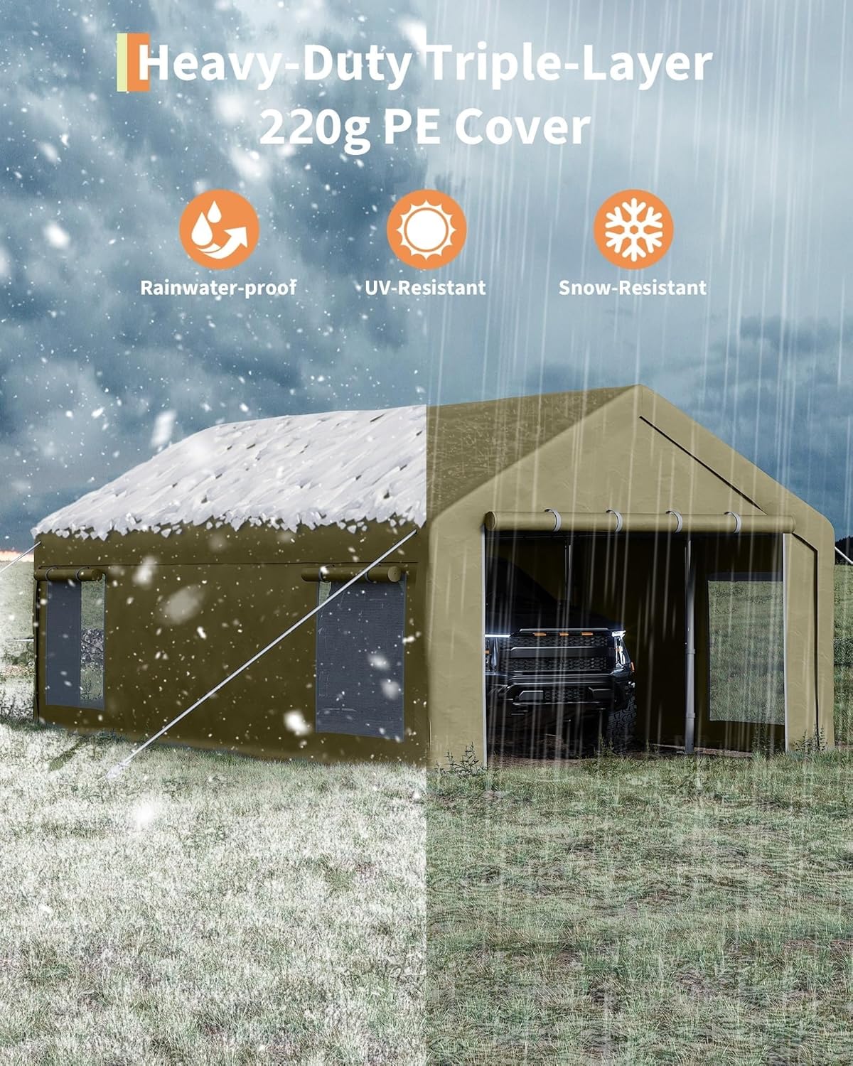 GarveeLife 13x25 ft Carport with 10 Sandbags, Car Port with 220 g PE Tarp, 2 Roll-Up Doors, and 4 Windows, for Full-Size Pickups, Bass Boats, Tractors, and SUVs, Khaki