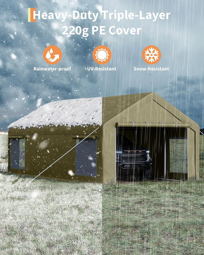 GarveeLife 13x25 ft Carport with 10 Sandbags, Car Port with 220 g PE Tarp, 2 Roll-Up Doors, and 4 Windows, for Full-Size Pickups, Bass Boats, Tractors, and SUVs, Khaki