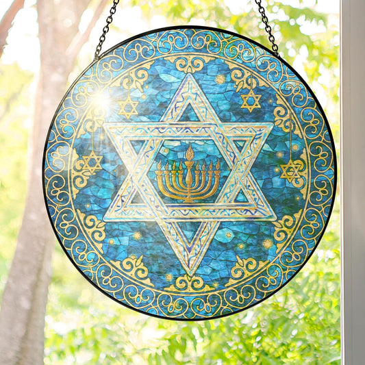 FLAGWIX Christmas Hanukkah Gifts for Women Men - Star of David Stained Glass Window Hanging 10 in