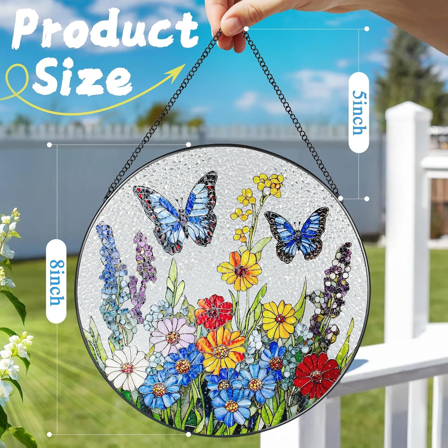 Stained Glass Window Hanging, 8 Inch Stained Glass Suncatcher Ornament, Suncatchers for Windows Hanging, Window Decor, Gift for Mothers Day, Butterfly Lover Gifts, Flower Lover Gifts