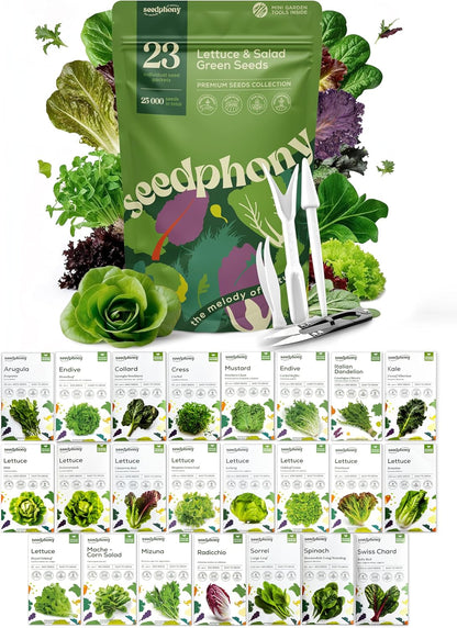 23 Lettuce & Salad Greens Seeds Variety Pack - 25,000+ Non-GMO Heirloom Greens Seeds for Planting Lettuce Indoor & Outdoor: Arugula, Mizuna, Kale, Spinach, Swiss Chard, Mache & More Lettuce Seeds