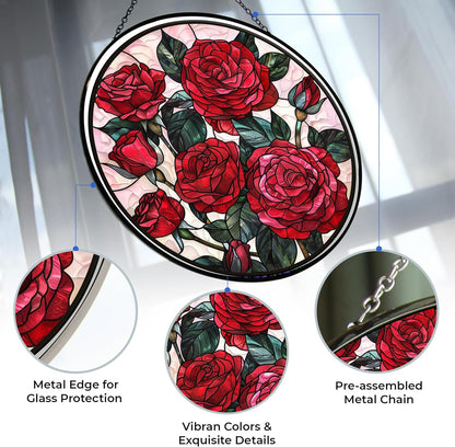 Valentine Rose Stained Glass Window Hanging Sun Catcher Halloween Haning Ornament Decoration Christmas Birthday Gifts for Lover Friends Mothers Day