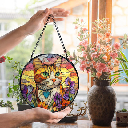 Cat Flower Suncatcher Stained Glass Window Hanging, Orange Cat Sun Catchers Indoor Window Glass Wall Art Decor, Kitten Floral Wall Hanging Decor Decorations, 7.9x7.9 Inch 033-MH-BLGH