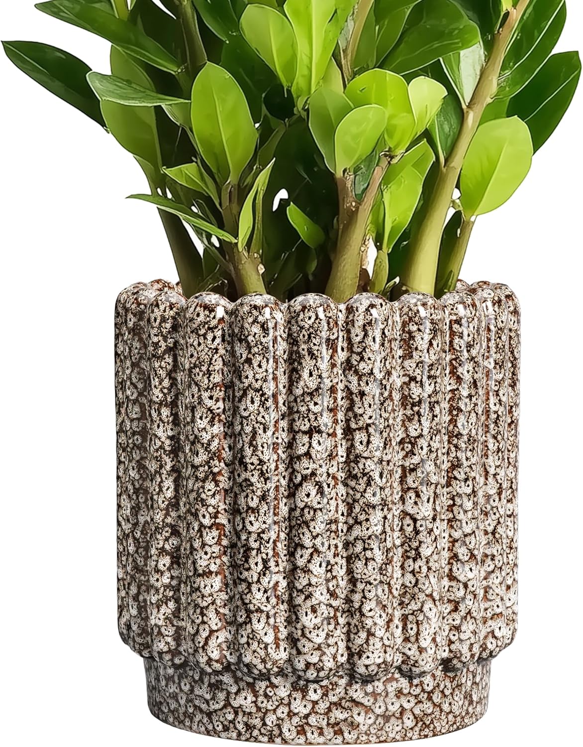 Ceramic Plant Pots - 7.6 Inch Ceramic Planters with Drainage Hole, Fluted Round Planter for Indoor Plants, Decorative Flower Pots Outdoor, Desk Decor, Garden Gifts, Leopard Print White