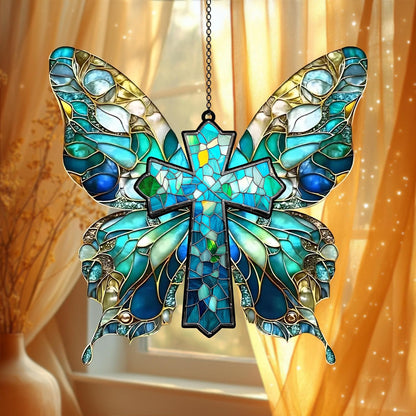 Butterfly Cross Acrylic Suncatcher Window Hanging Blue Christian Home Decor Religious Wall Art Gift