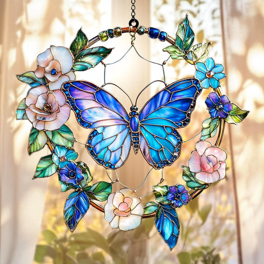 Butterfly and Flower Suncatcher Ornament for Window Hanging, Indoor Outdoor Garden Gift Decor