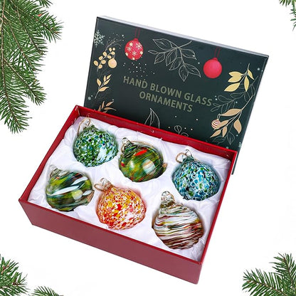 Set of 6 Hand Blown Glass Christmas Ornaments Hanging Gazing Ball Witches Ball Christmas Decor for Garden Patio Window Xmas Tree