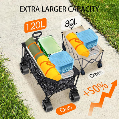 Collapsible Wagon with Big Wheels, Wagons Carts Foldable 400LBS Large Capacity, Heavy Duty Utility Cart Grocery Wagon w/Side Pockets and Brakes, All-Terrain Beach Cart for Camping, Sports, Shopping