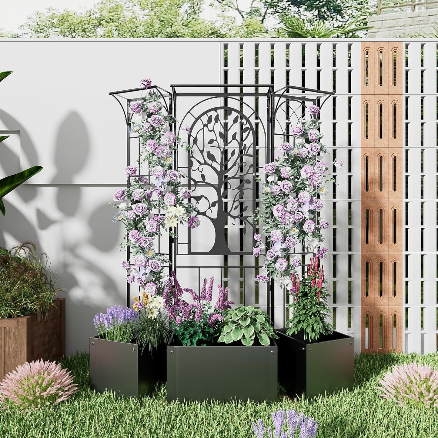 Metal Planter Box with Trellis and Cover, Raised Garden Bed with Trellis Privacy Screen, 62 inch Tall Planter Boxes for Climbing Plants, Flowers, Vegetables, Fruits, Balcony and Patio Decor (Black)
