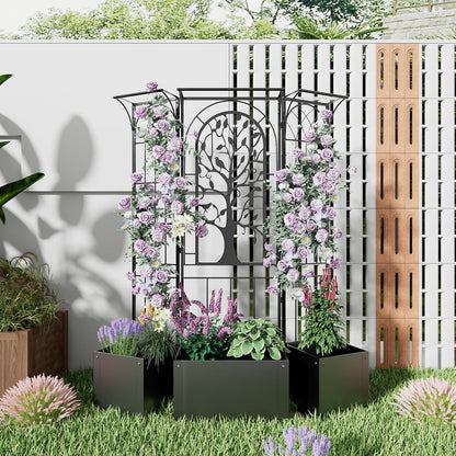 Metal Planter Box with Trellis and Cover, Raised Garden Bed with Trellis Privacy Screen, 62 inch Tall Planter Boxes for Climbing Plants, Flowers, Vegetables, Fruits, Balcony and Patio Decor (Black)