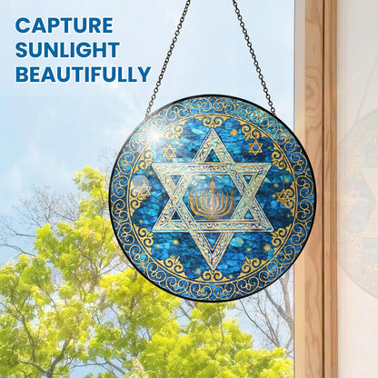 FLAGWIX Christmas Hanukkah Gifts for Women Men - Stained Glass Window Hanging 8 in - Christmas Decorations for Home Indoor Window, Religious Spiritual Gifts for Mom, Hanukkah Sun Catcher Hanging Decor