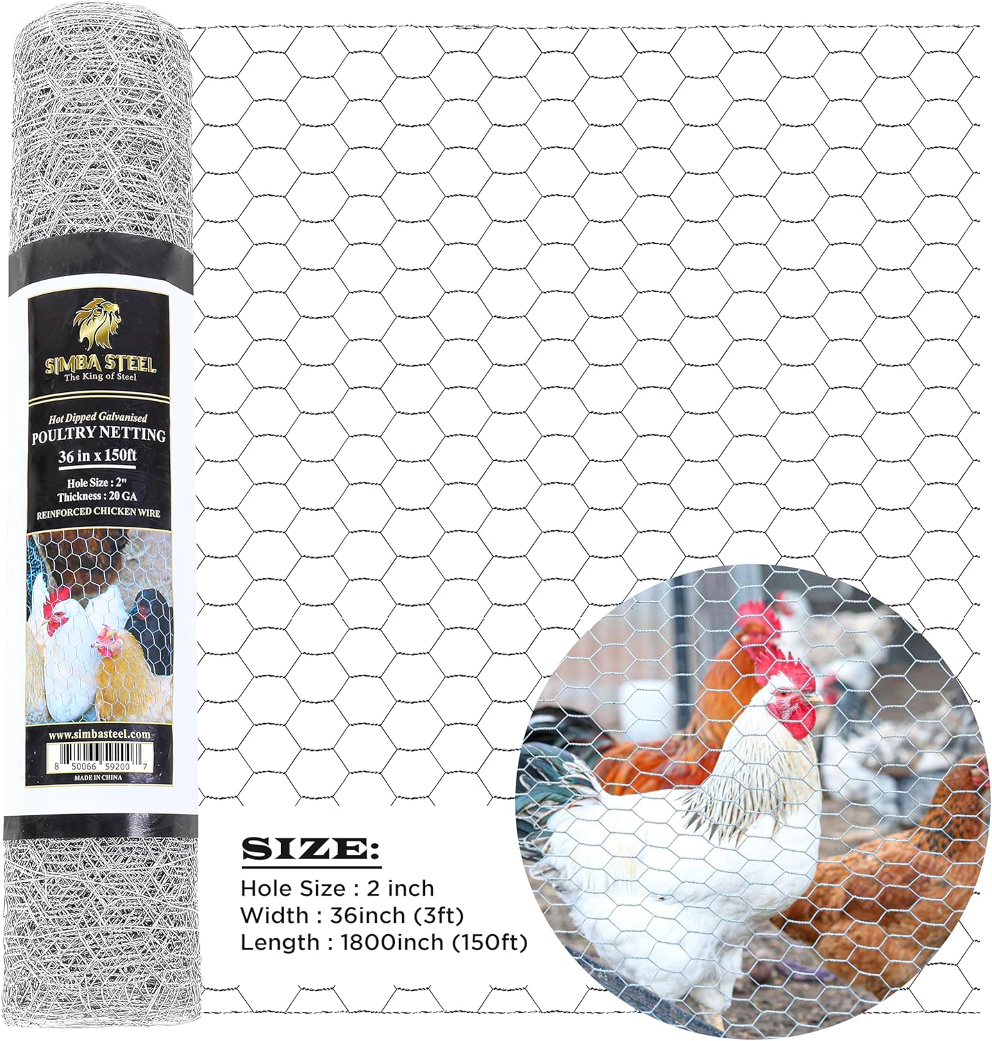 Chicken Wire 36 in x 150 FT x 2” Mesh x 20GA | Poultry Wire Netting | Hot Dipped Galvanised | Hexagonal Galvanized Mesh for Chicken Coop, Rabbit Cage, Fence Barrier PM36x150x2