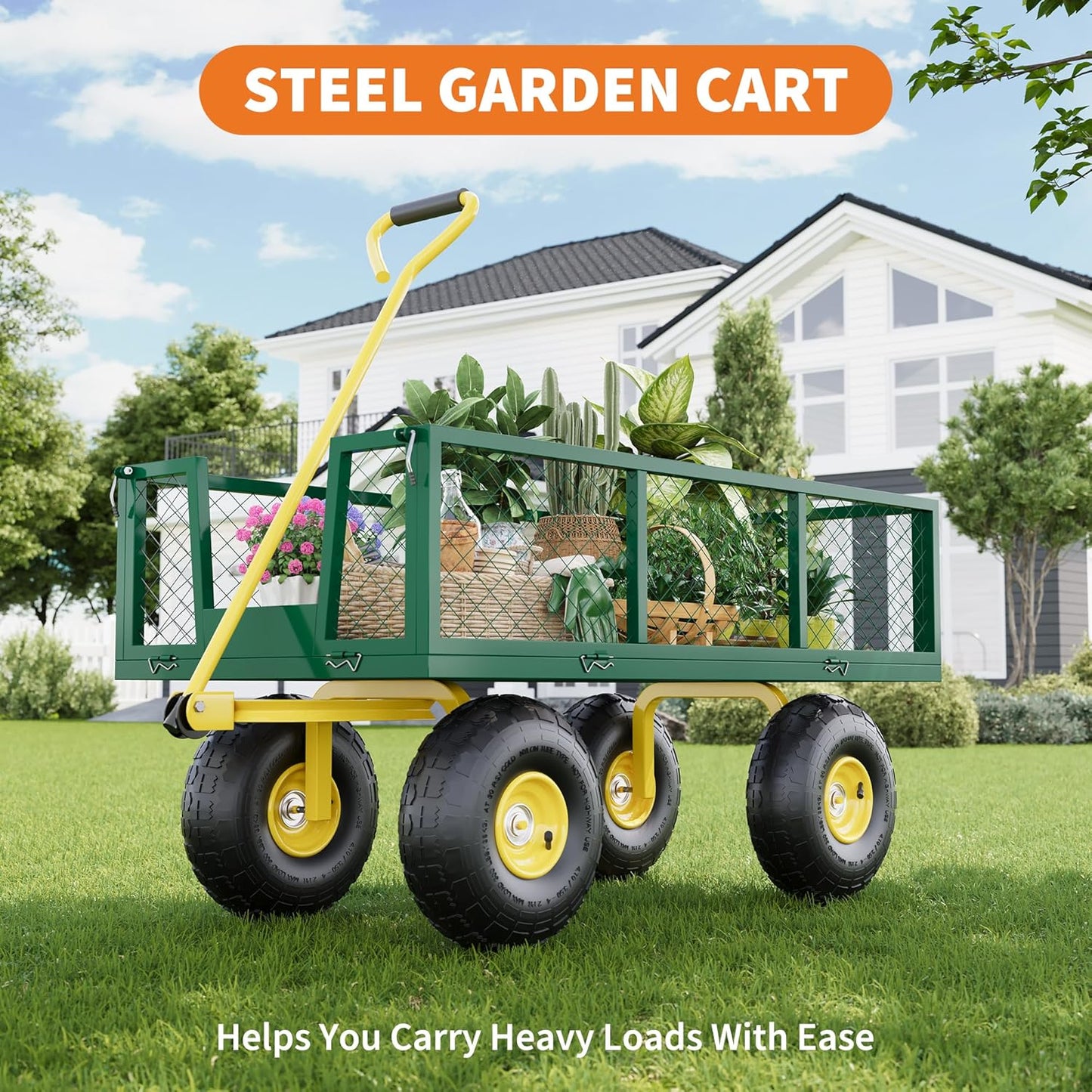 Metal Wagon - 500lbs Garden Cart with 10" Multi-Terrain Tires, 4 Removable Mesh Sides & 180° Swivel Handle, Yard Wagon Cart for Lawn, Yard, Patio Gardening
