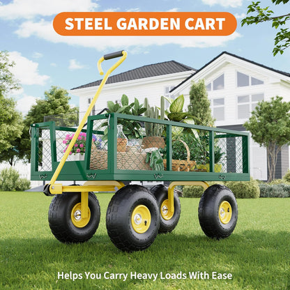 Metal Wagon - 500lbs Garden Cart with 10" Multi-Terrain Tires, 4 Removable Mesh Sides & 180° Swivel Handle, Yard Wagon Cart for Lawn, Yard, Patio Gardening