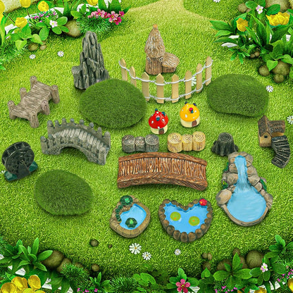 21 Pcs Fairy Garden Miniatures Accessories Bridge House Landscape Water Well Fence Figurines Pond Mushroom Lawn Garden Ornament for DIY Craft Succulent Decor