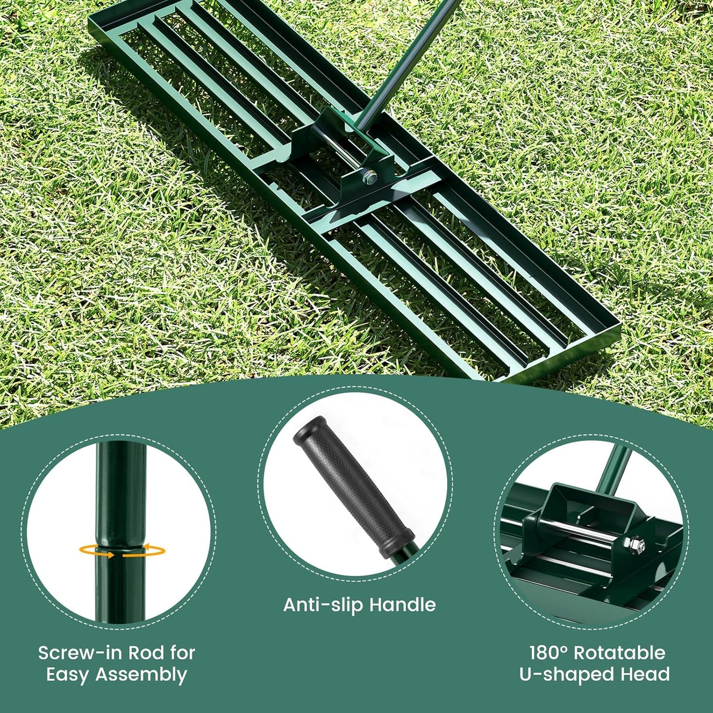 Goplus Lawn Leveling Rake, 42" x 10" Heavy Duty Level Lawn Tool w/ Ergonomic Handle for Soil, Effort-Saving Landscape Rake for Garden, Backyard, Golf Course, Farm, Pasture