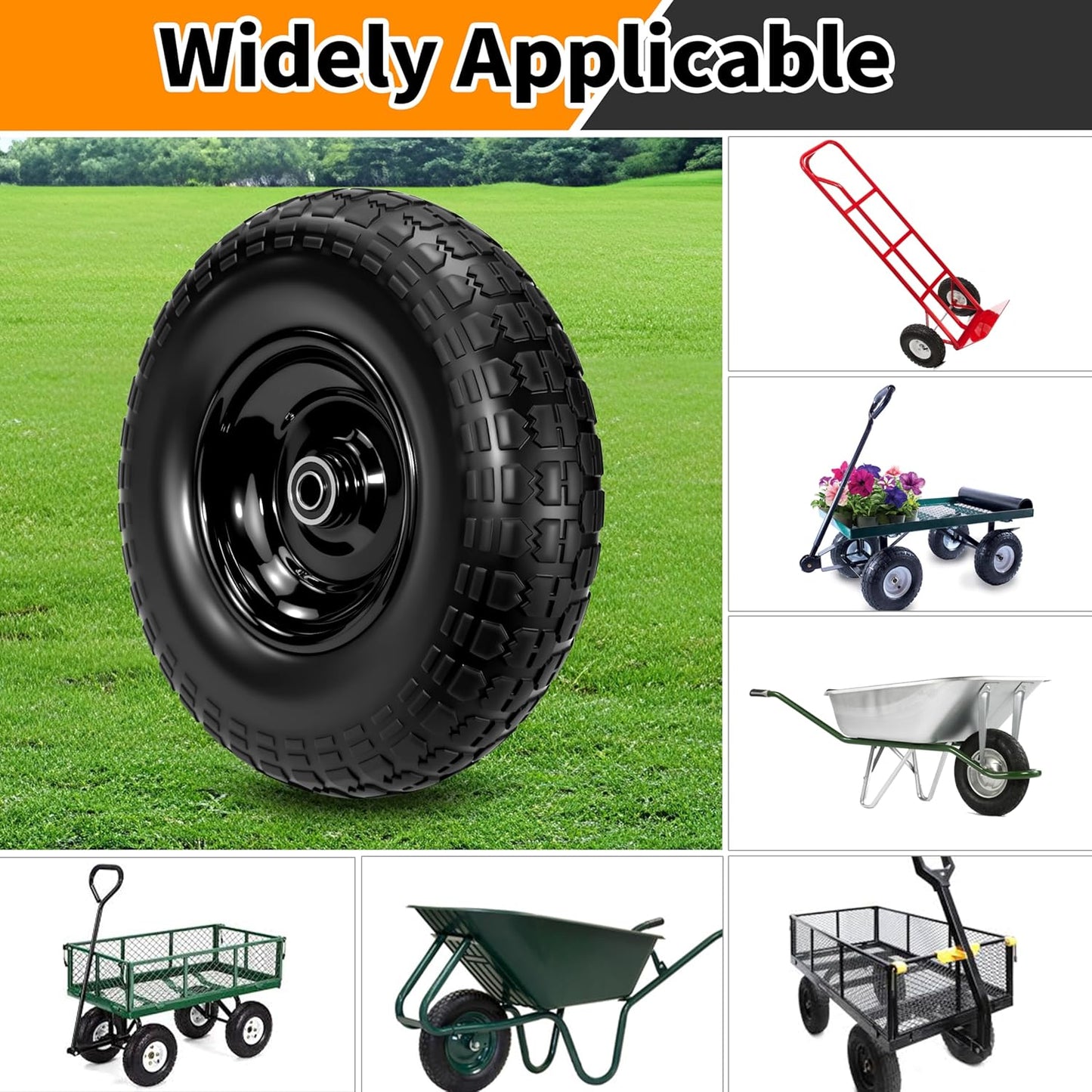 13" Flat Free Tire and Wheel,4.00-6 Wheelbarrow Wheels and Tires with 5/8" or 3/4" Bearings, 13"Solid Tires Replacement for Wheelbarrow, Gorilla Cart, Hand Trucks, Garden Carts 4 Pack
