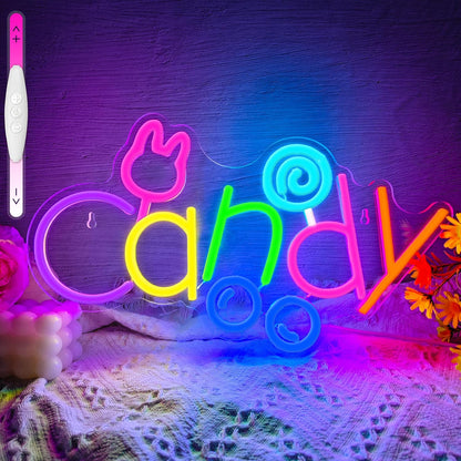 Candy Neon Sign USB Powered LED Bunny Candy Neon Signs Dimmable LED Neon Lights for Bedroom Candy Bar Shop Candy Cart Display Halloween Party Candy Land Party Art Decoration Birthday Gifts