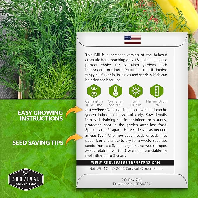 Survival Garden Seeds Compact Dill for Planting - 3 Seed Packets with Instructions to Plant & Grow Container Sized Dwarf Dill Herb Plants in Your Home Garden - Non-GMO Heirloom Variety