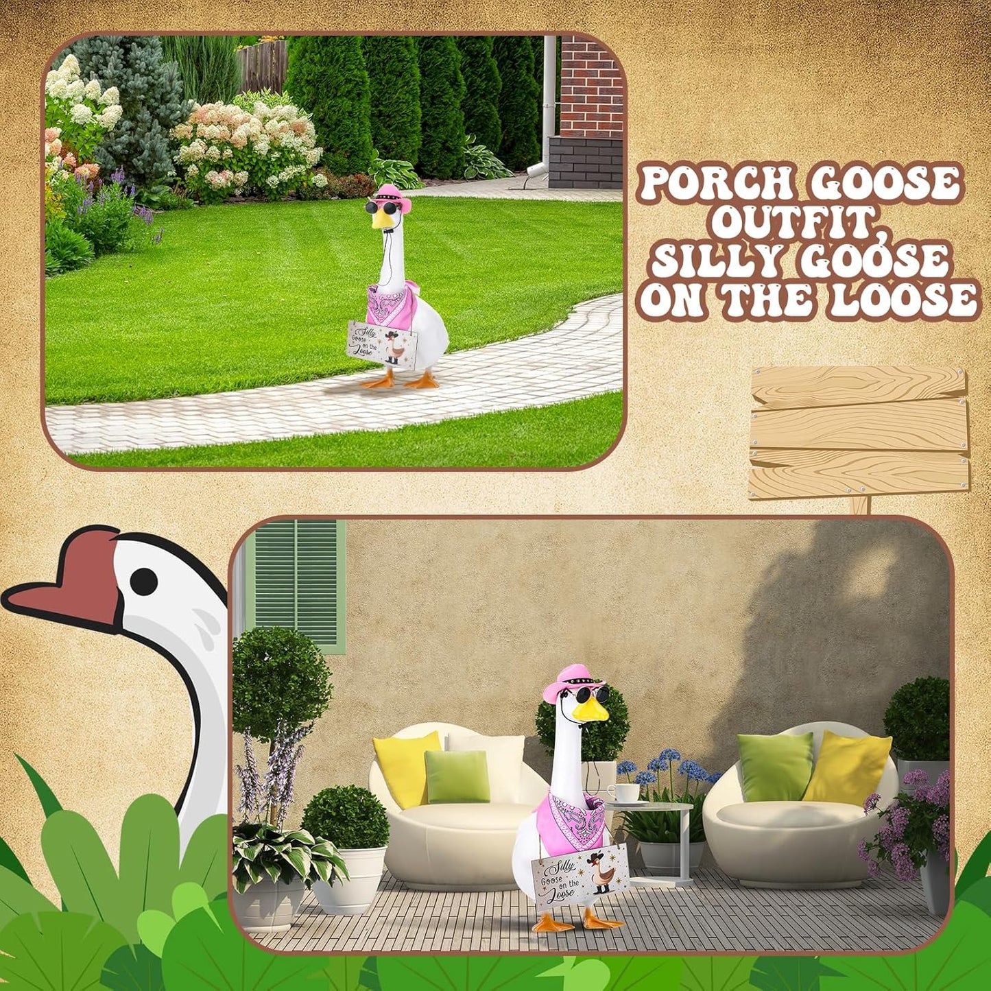 Western Cowboy Porch Goose Outfits, Lawn Cement Plastic Goose, Silly Goose on The Loose Wood Cowboy Hat Bandana Glasses (Pink)